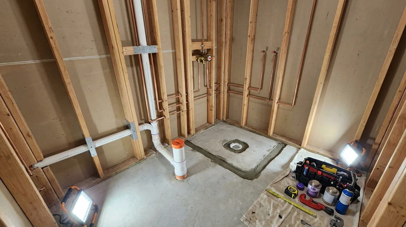 Bathroom rough-in plumbing during remodel by Johns Plumbing LLC in Tok