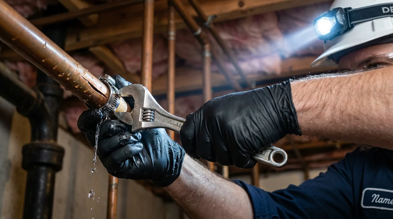 Emergency pipe clamp repair being performed by a Johns Plumbing LLC plumber in Tok