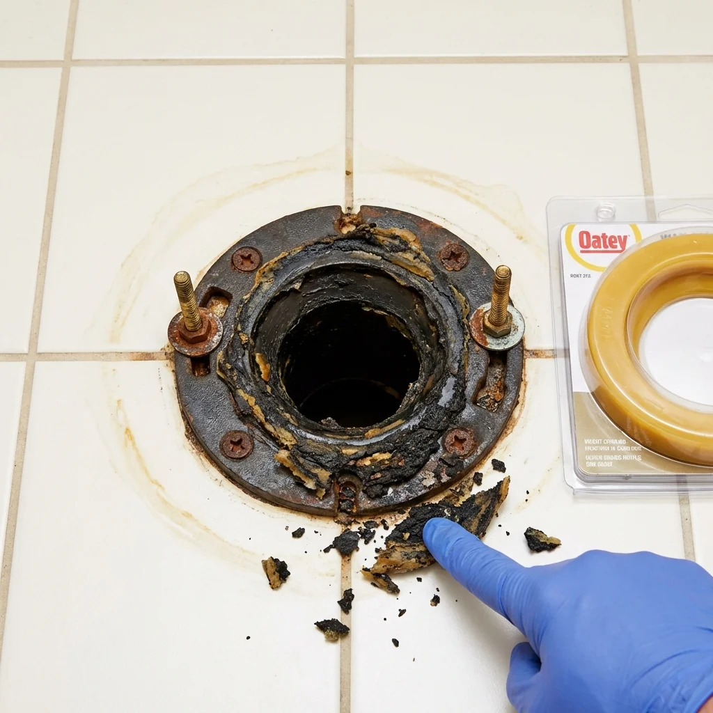 Failed wax ring showing water seepage at the base of a toilet in a Tok, AK home