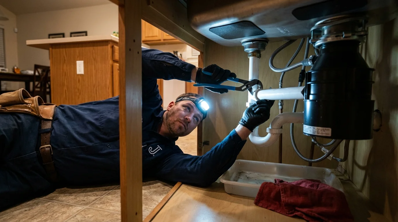 P-trap and supply line connections under a kitchen sink showing a common leak point in Tok, AK